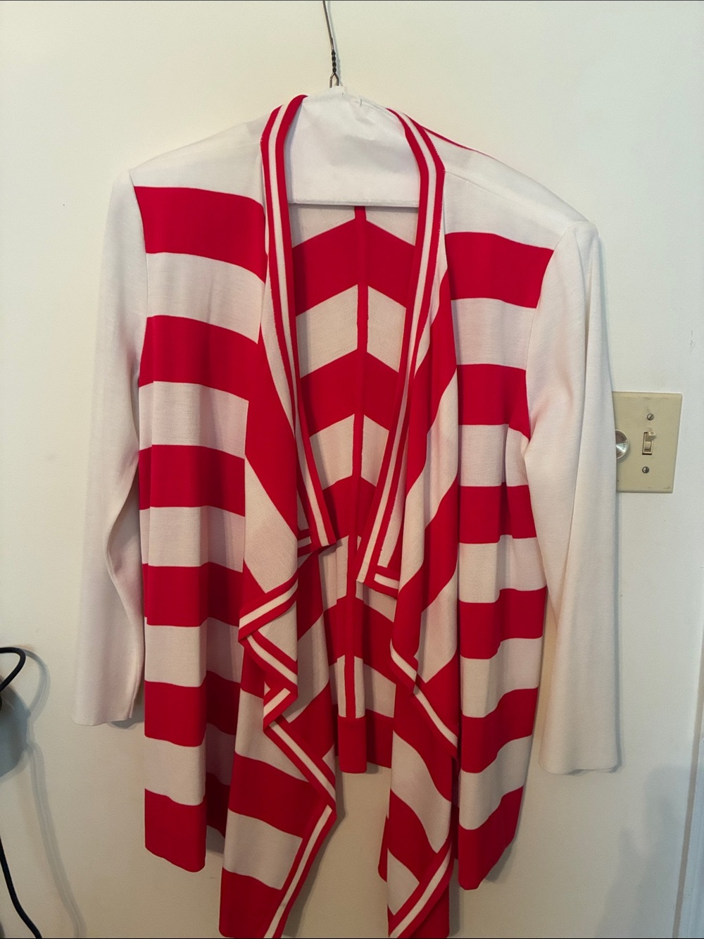 Misook Red and White Striped Open Drape Cardigan